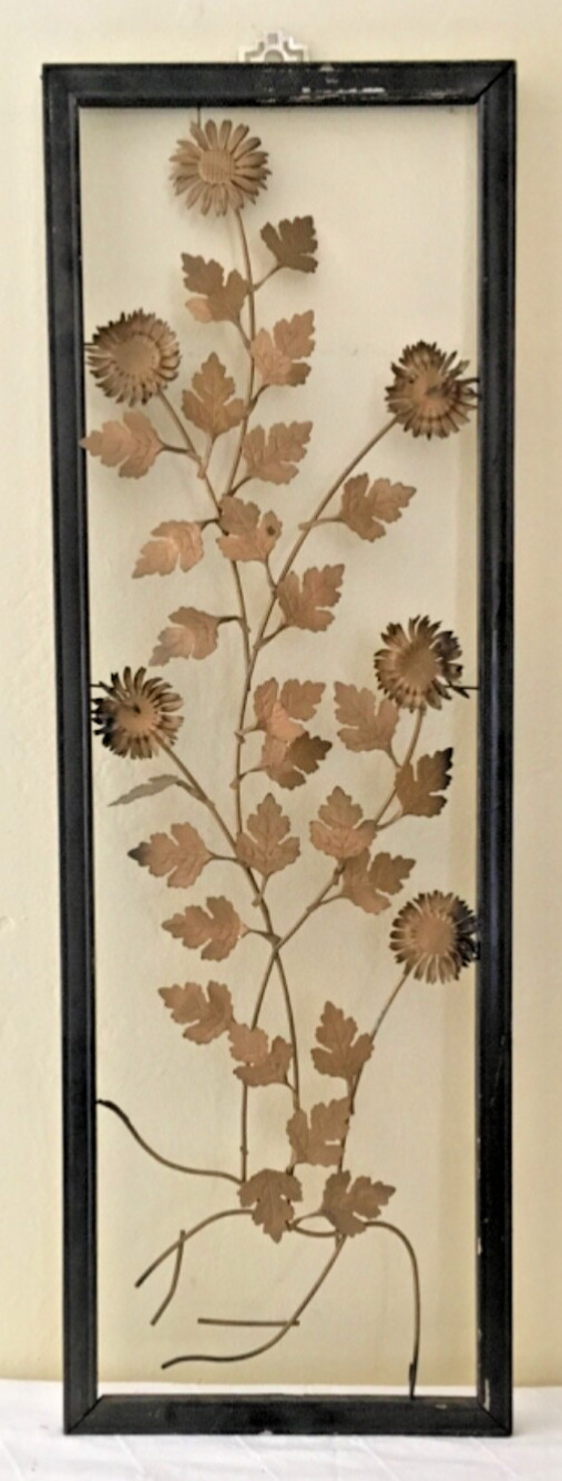 Vintage Asian Metal Floral Toleware Wood Framed Flowers Hong Kong 36×12 Wear