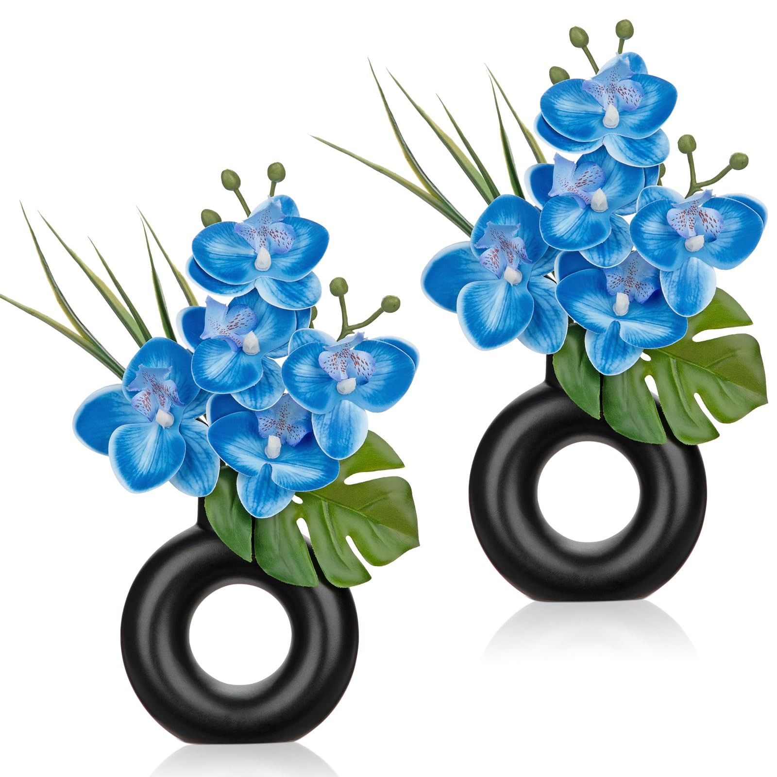2PCS Blue Artificial Orchid, Black Ceramic Pot, Silk Flower, Table Decor