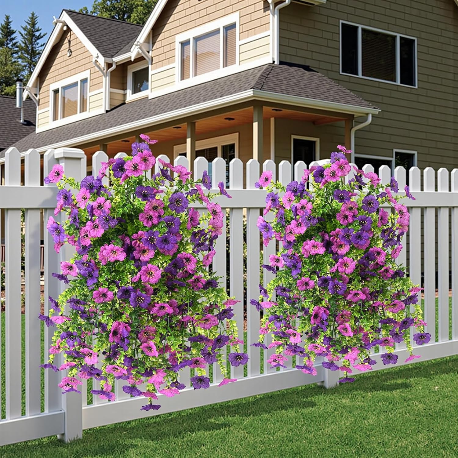 INQCMY Artificial Hanging Flowers with Basket for Spring Outdoor Decoration 3 Bu