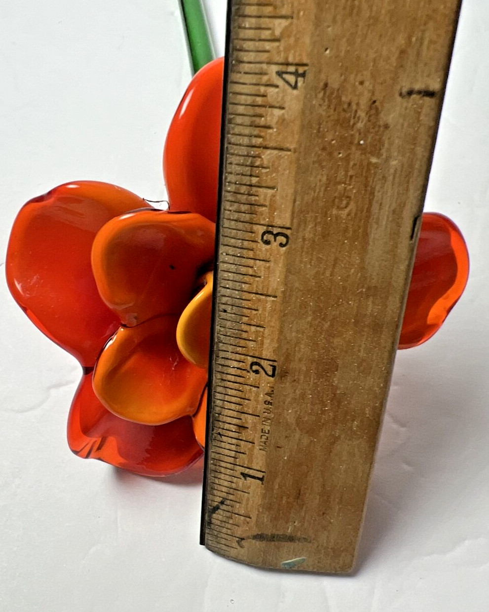 Vintage Handblown Glass Orange Rose Long Green Stem Budding Flower 13″ Stem Chip