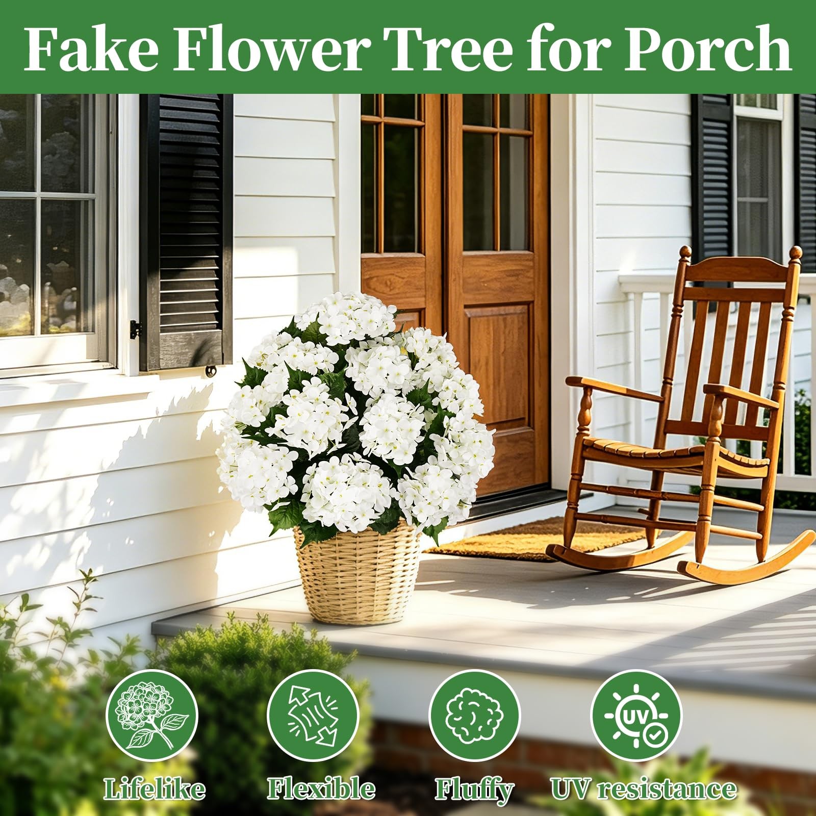 Artificial Topiary Ball Tree with White Hydrangea, Set of 2 UV Resistant Shru…