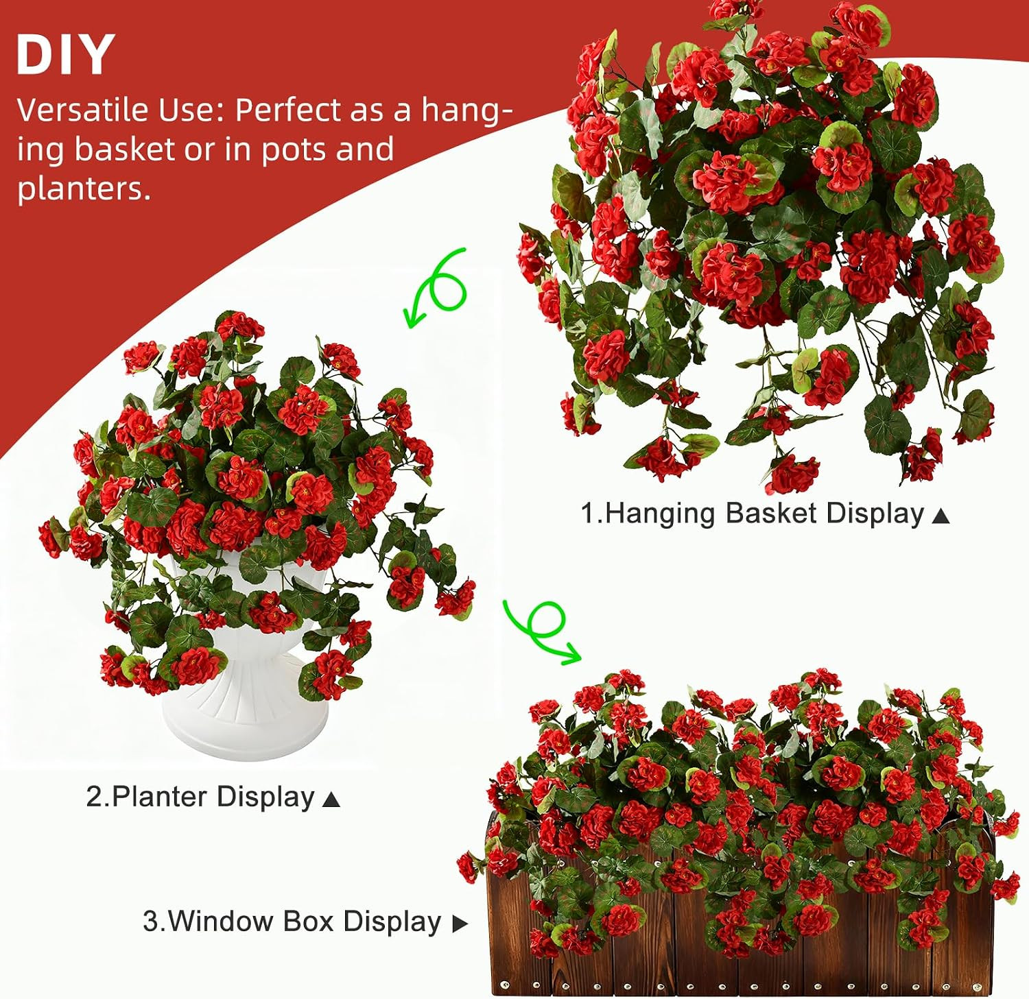 Artificial Geranium Flowers for Outdoor 2 Pcs Artificial Red Flower Fake