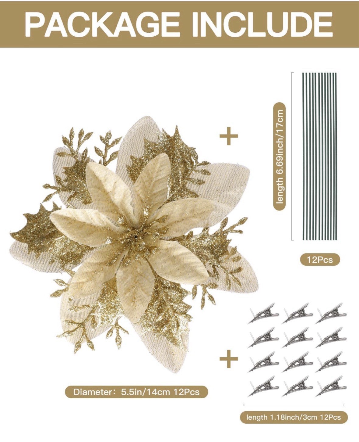 12pc Gold Articial Glitter Poinsettia Flowers Clips & Stems Christmas 5.5in