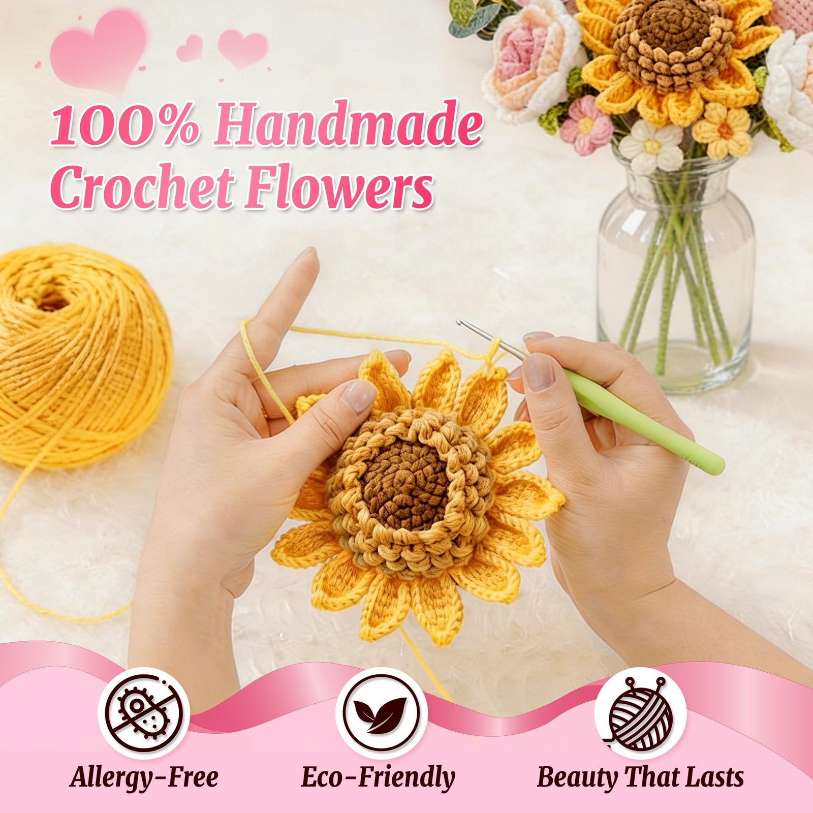 Crochet Flower Bouquet – Handmade Knitted Sunflower Crochet Flowers, Pink Cro…