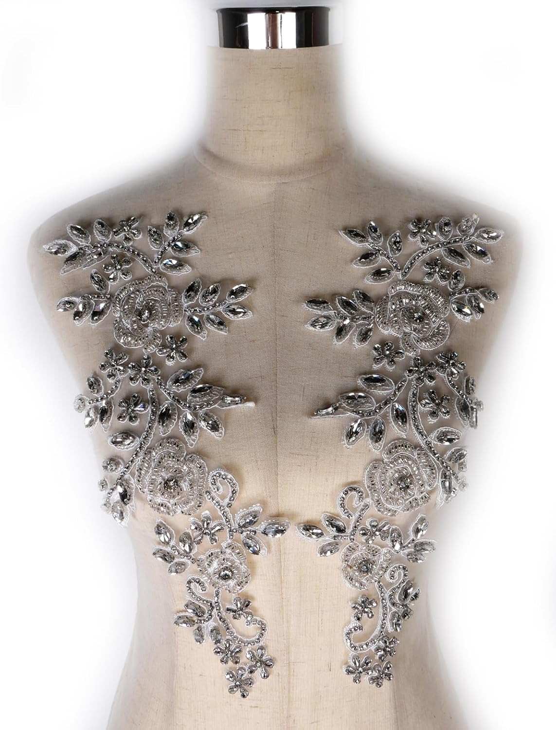 Beaded Rose Flowers &Leaves Rhinestone Pair Applique in Silver for Prom Dress Be