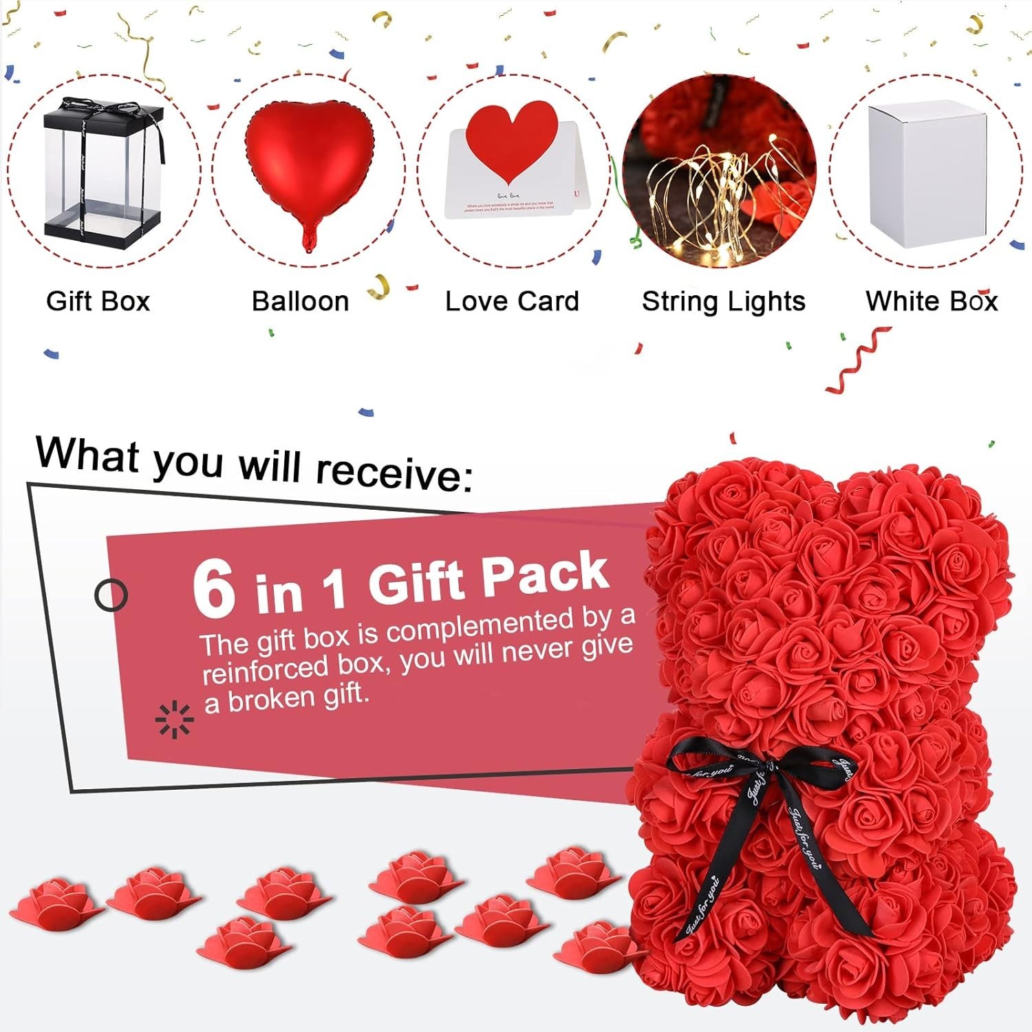 Red Rose Bear with Lights, 10in Teddy Gift Set for Valentines, Her
