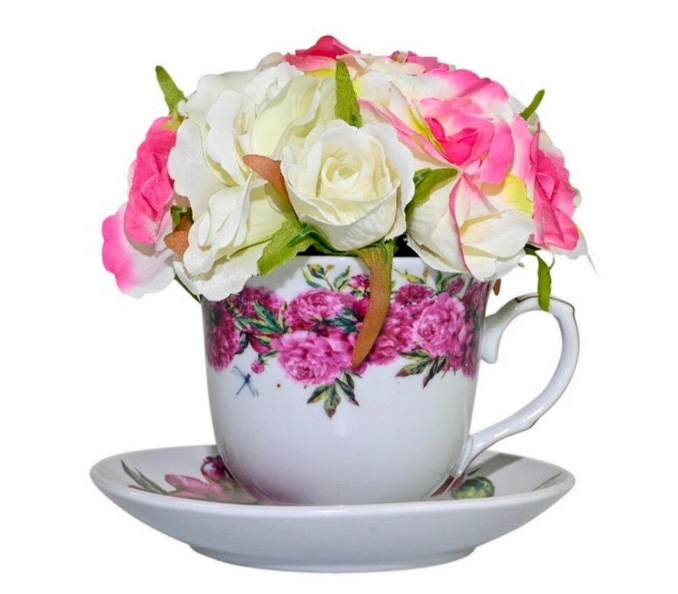 Tea cup Plant Holder With Flower Melody Home Decor Mother Birthday Wedding Gift