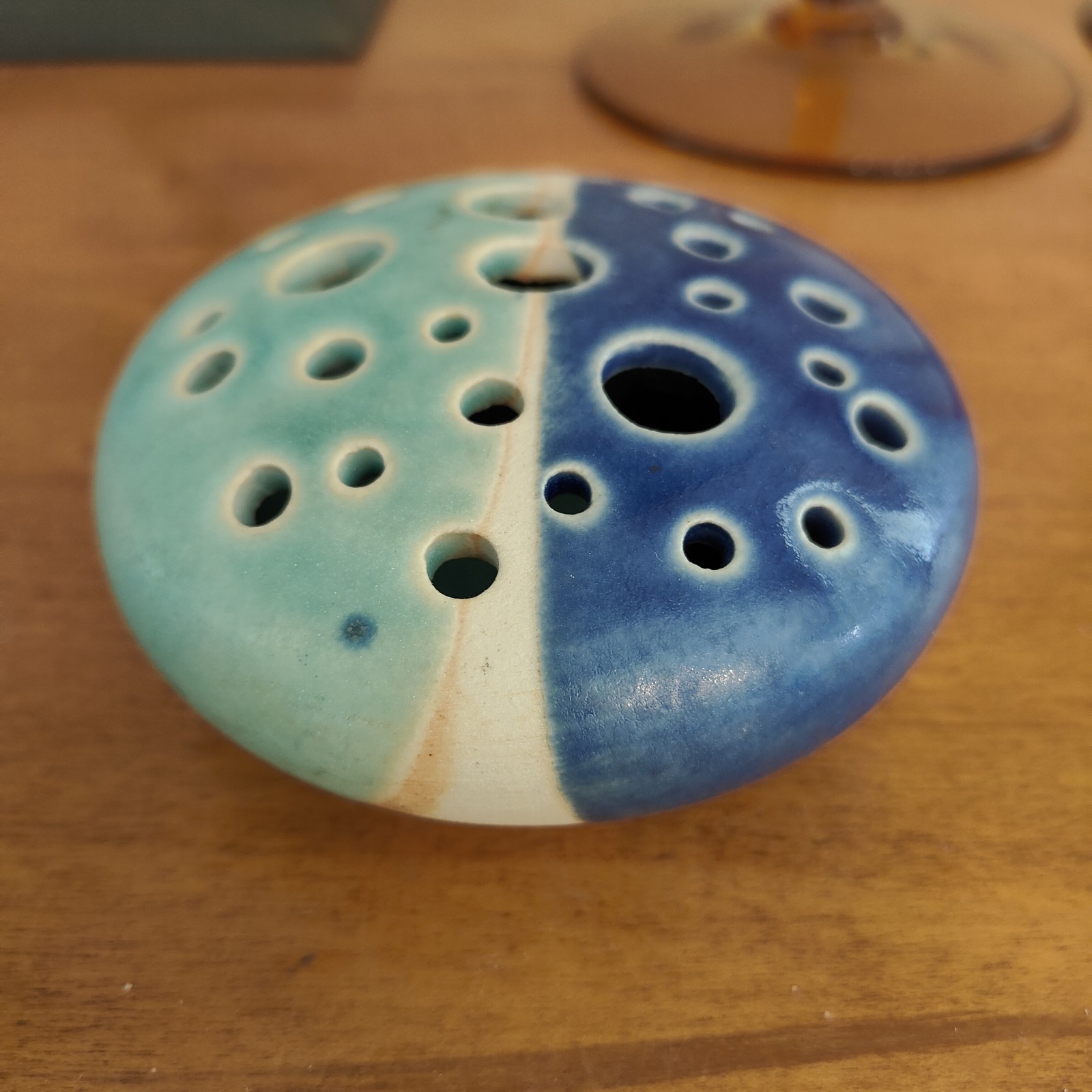 Töpferei Velte Allgau Germany Art Pottery Vase Flower Frog Handmade Blue Aqua