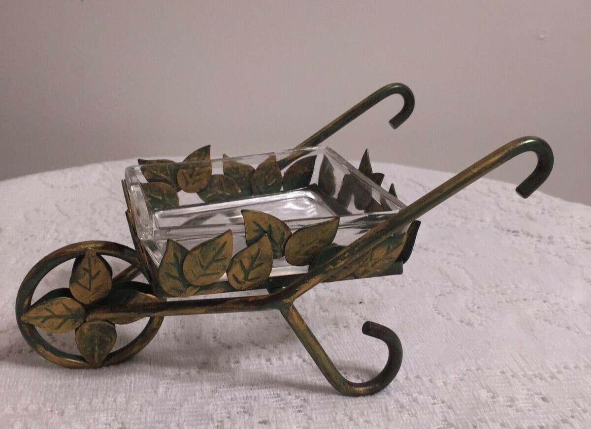 METAL WHEELBARROW WITH GREEN IVY -FOREST GREEN -PLANTER HOME DECOR’