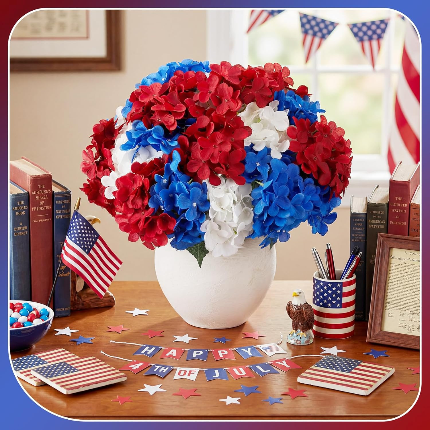 Artificial Hydrangea Flowers – 6 Bundles, 30 Heads, Red, Blue, White