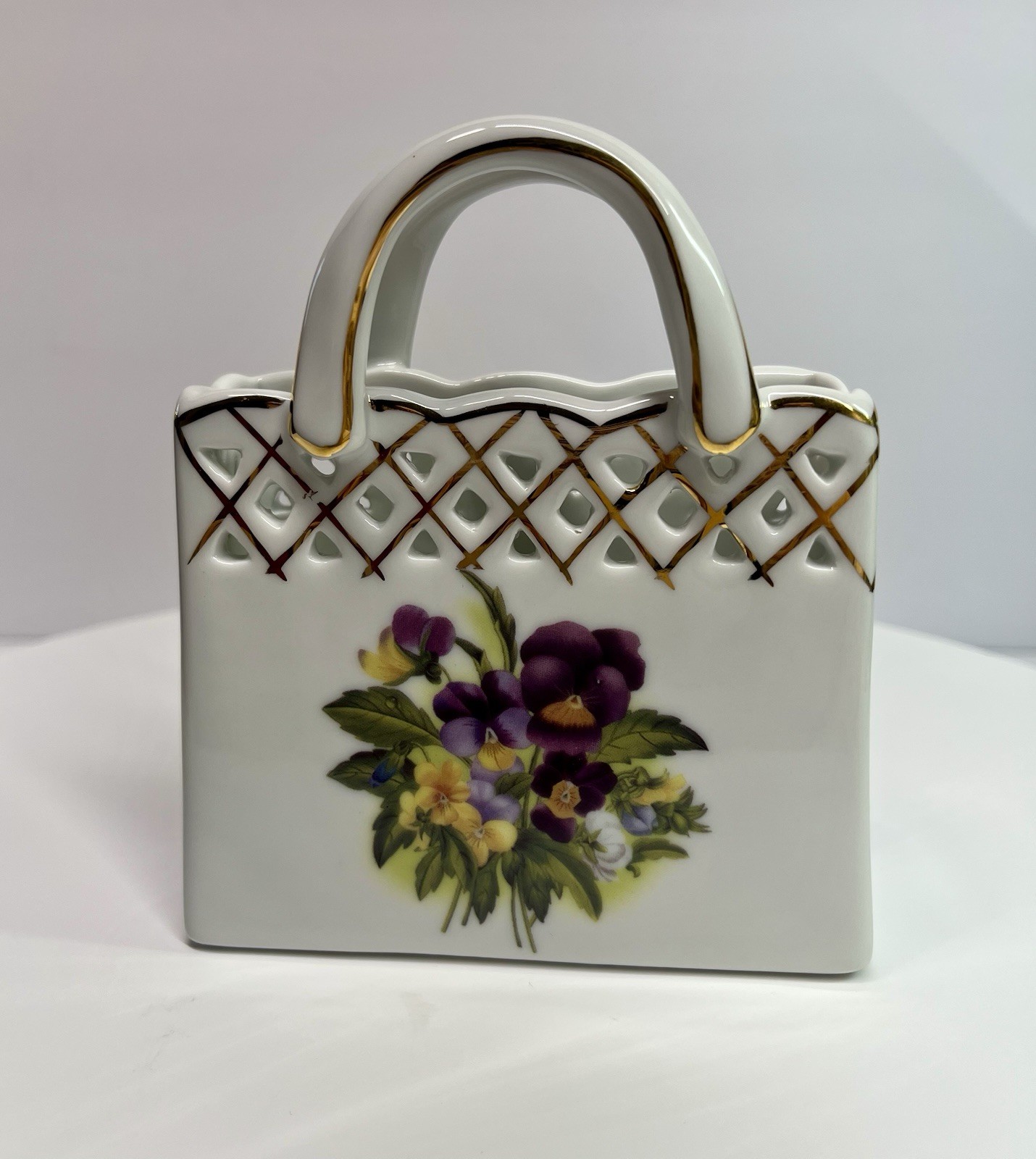 MCM Vintage Porcelain Purse Vase Pansies Old World Collection Figurine Flowers