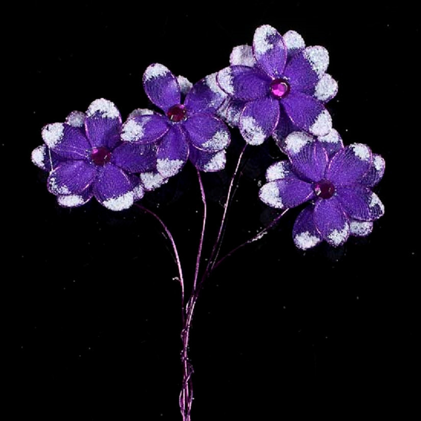 4 PC Purple Nylon & Rhinestone Flowers on stems With Glitter NEW 5-3/4″ Tall