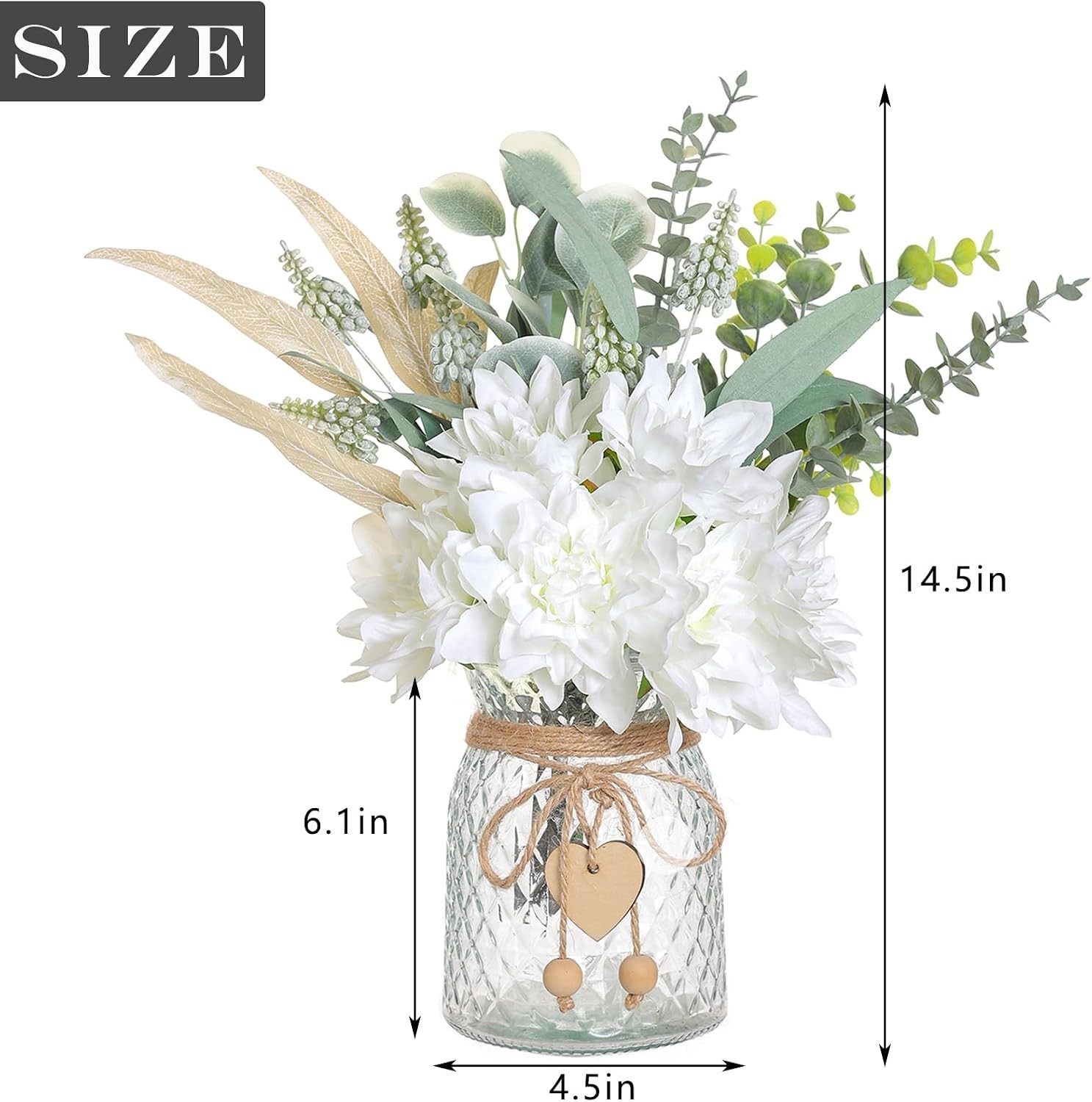 Beautiful Faux Dahlia and Eucalyptus Flowers in Vase – 14.5