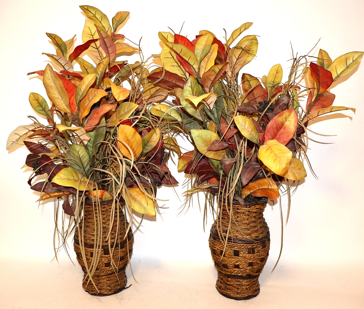 Pair of High Quality 30″ tall Faux Foliage Arrangements in Woven Pottery Vases