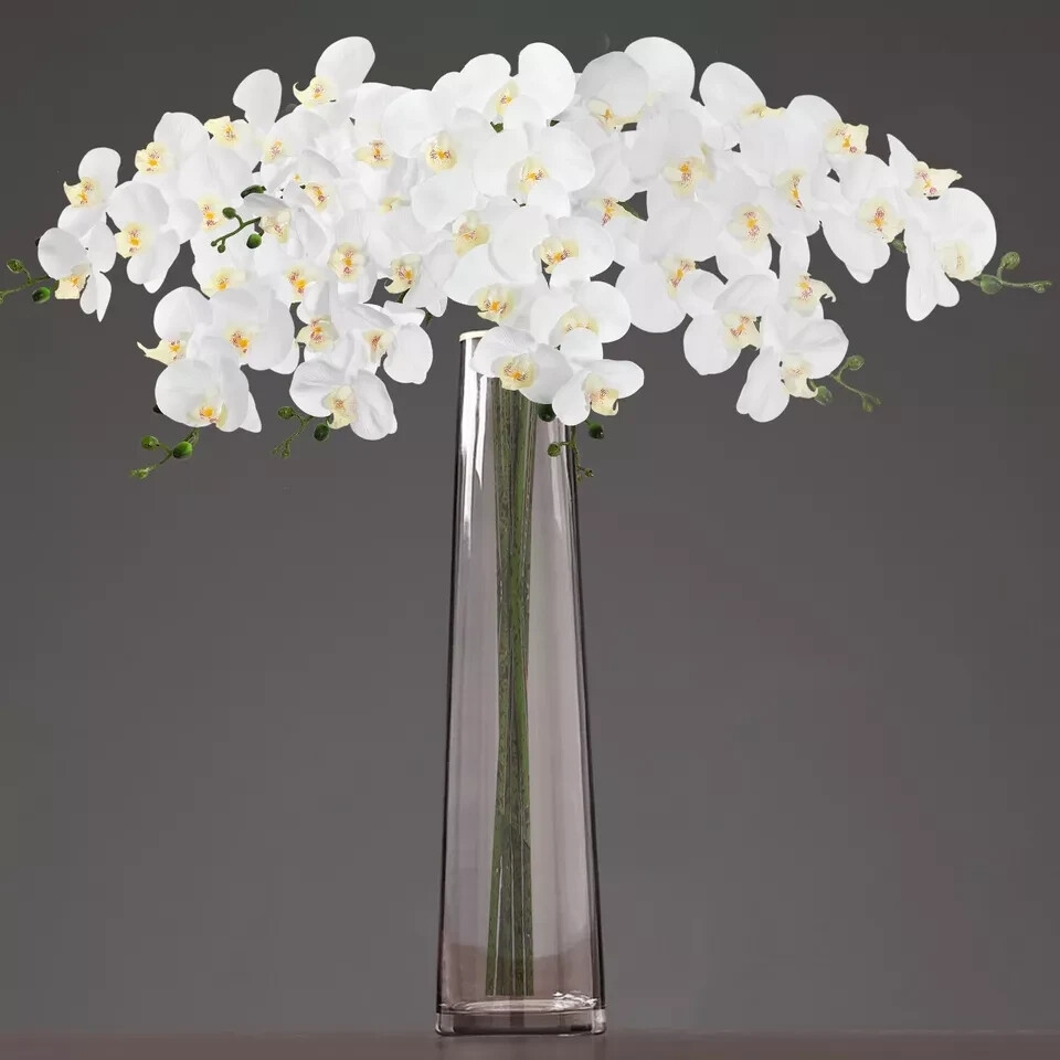 FLOWERY 2 Pcs 38’’ Artificial Real Touch Orchids Flowers 9 Heads Latex White
