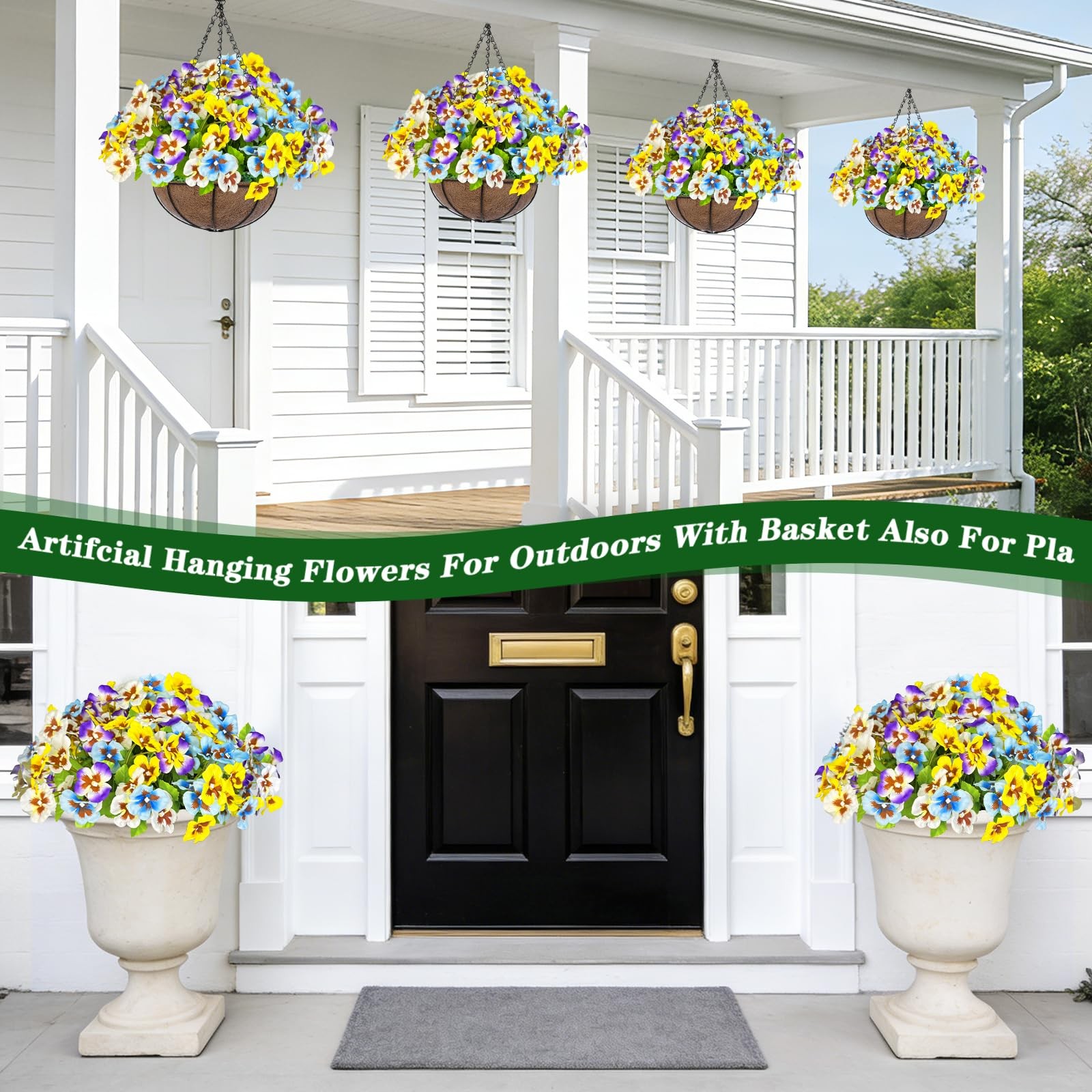 Artificial Hanging Flowers Plants Baskets Outdoor Outside Decoration, Pansies…