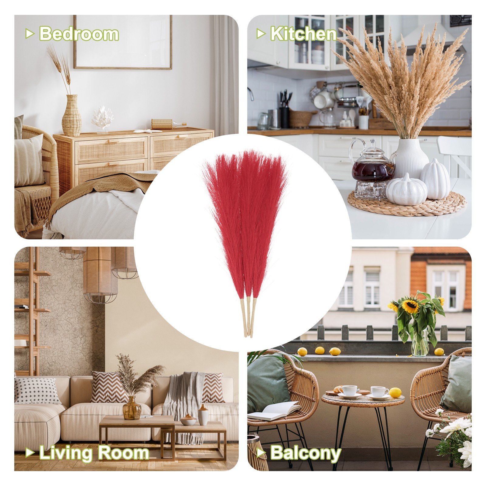 3pcs Dried Faux Pampas Grass 17″ Artificial Pampas Grass Decor Red
