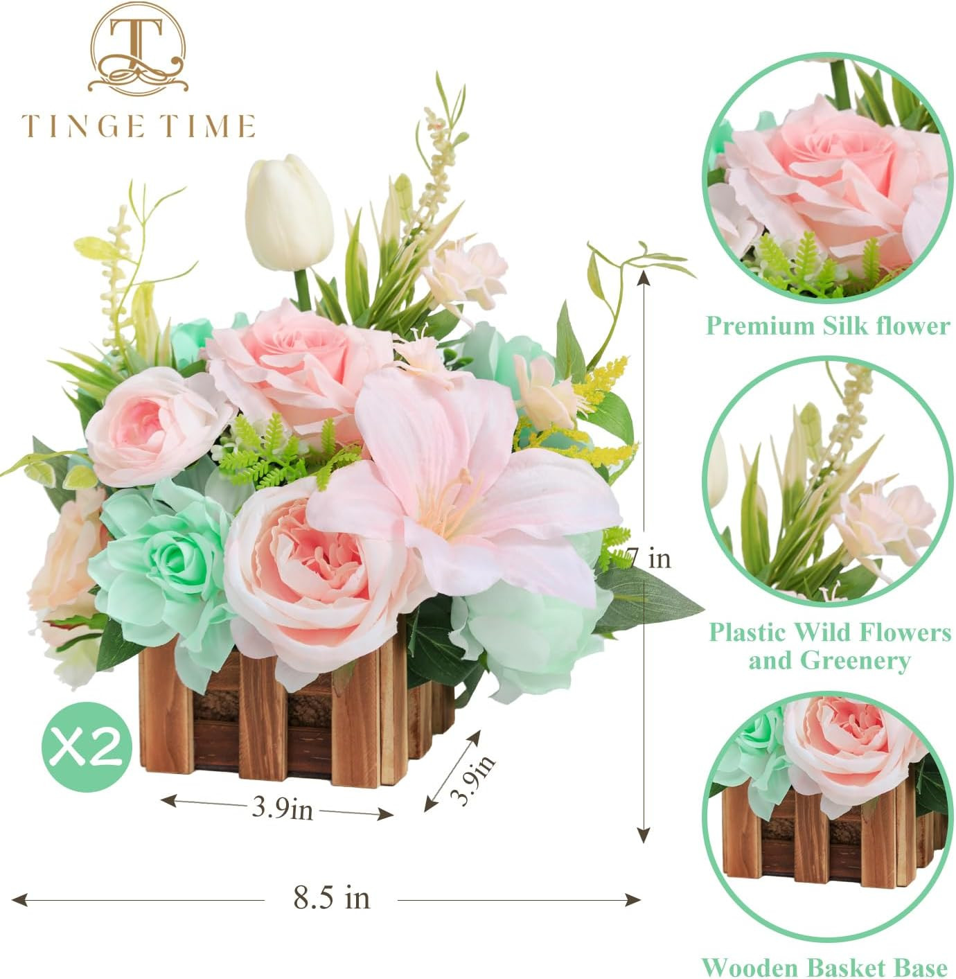 Set of 2 Large Mint Green & Pink Artificial Flower Centerpieces for Weddings