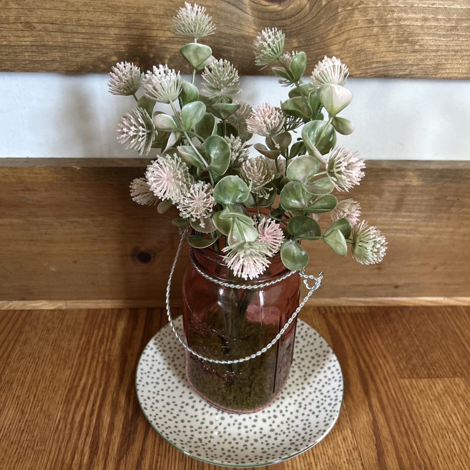 Big Mouth Mason Jar Pink Tone w/Artificial Flowers Silver Handle Moss In Jar