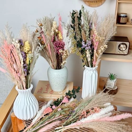 Large Dried Flower Bouquet 6 Bunches Pink Pampas Grass & Roses for Boho Decor