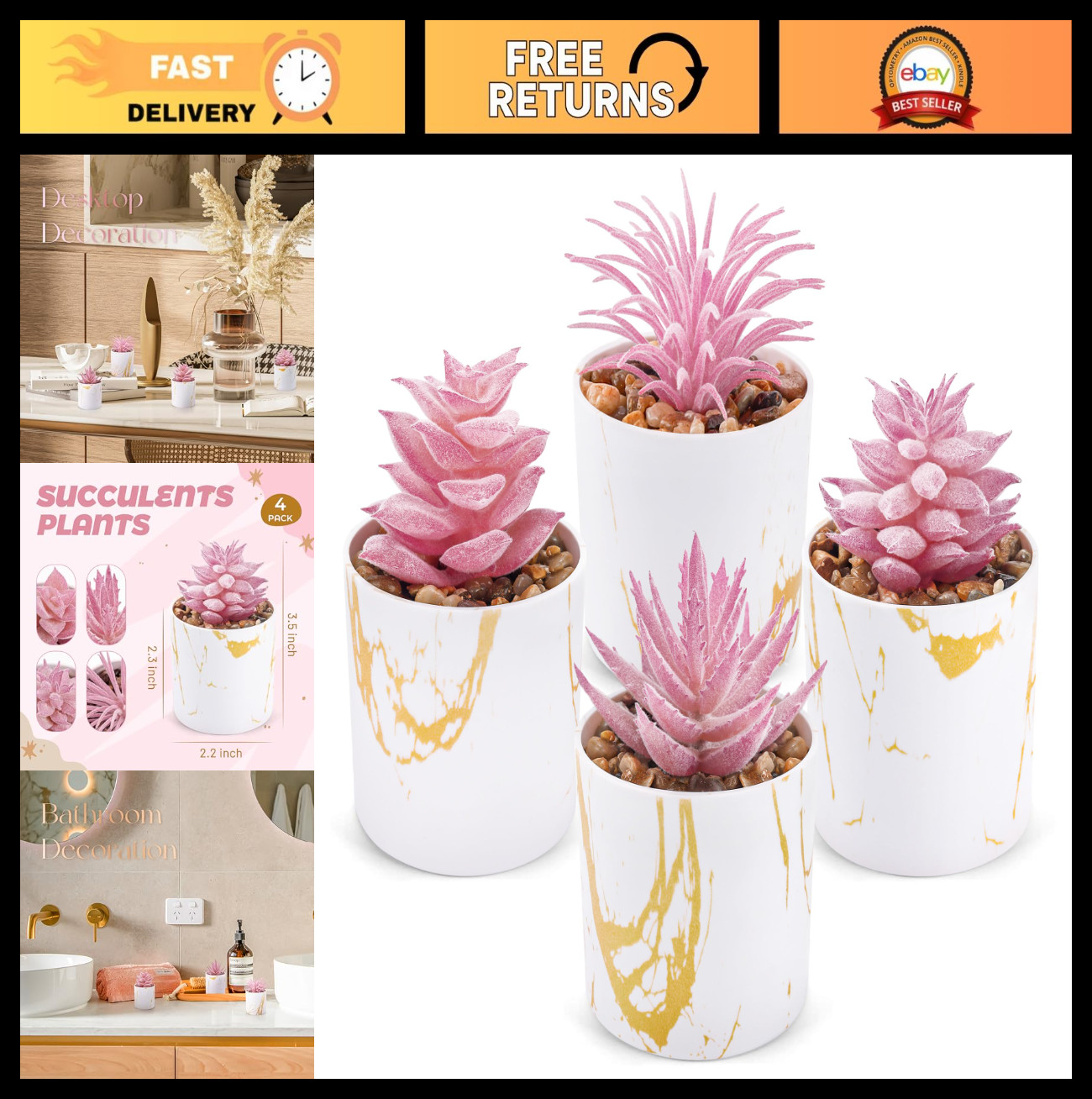Set of 4 Artificial Succulent Plants – Pink Desk Decor for Office & Home, Gifts