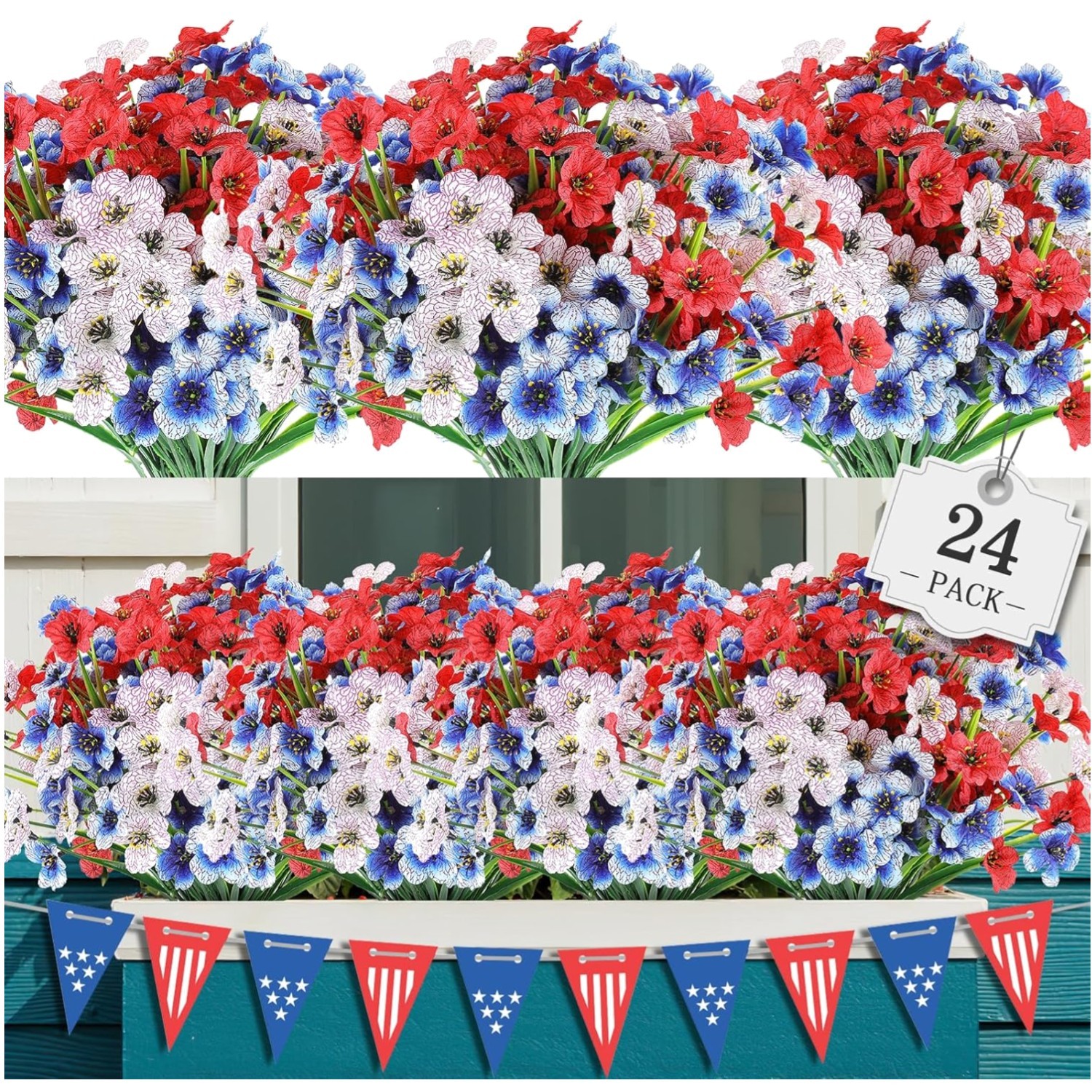 Weatherproof Artificial Flowers, Red White Blue Faux Plants