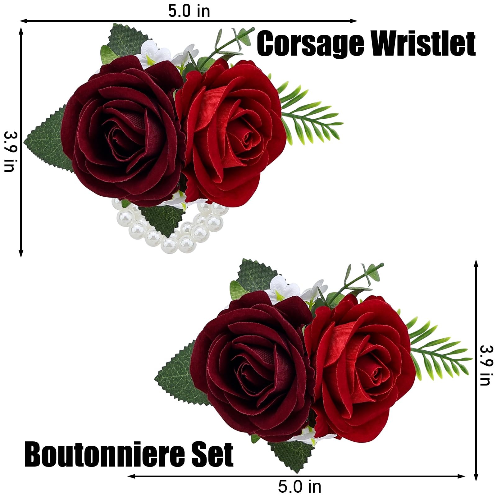 Burgundy Red Rose Wrist Corsage Wristlet Band Men Boutonniere Set 2 PCS Prom