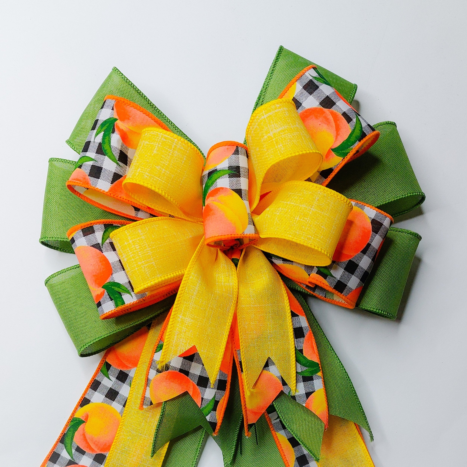 Peaches on Check with Yellow and Green Bow