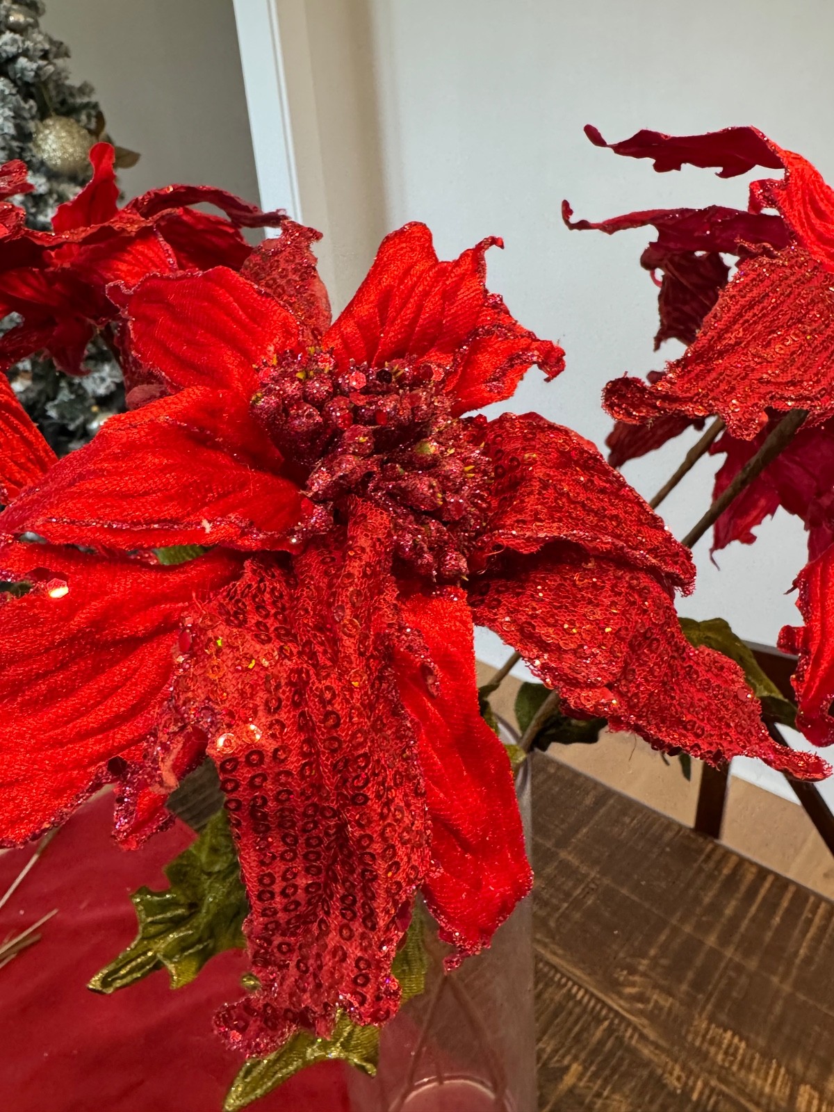 6-10” Velvet with sequence Poinsettia Stem Beautiful Christmas Home Decor