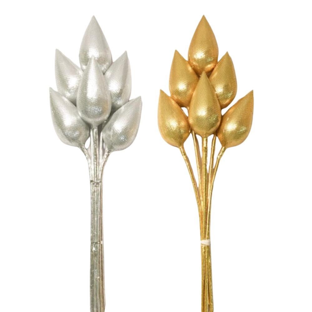 Pair Gold Silver Lotus Flower Thai Buddha Decor Plastic Artificial Floral Art
