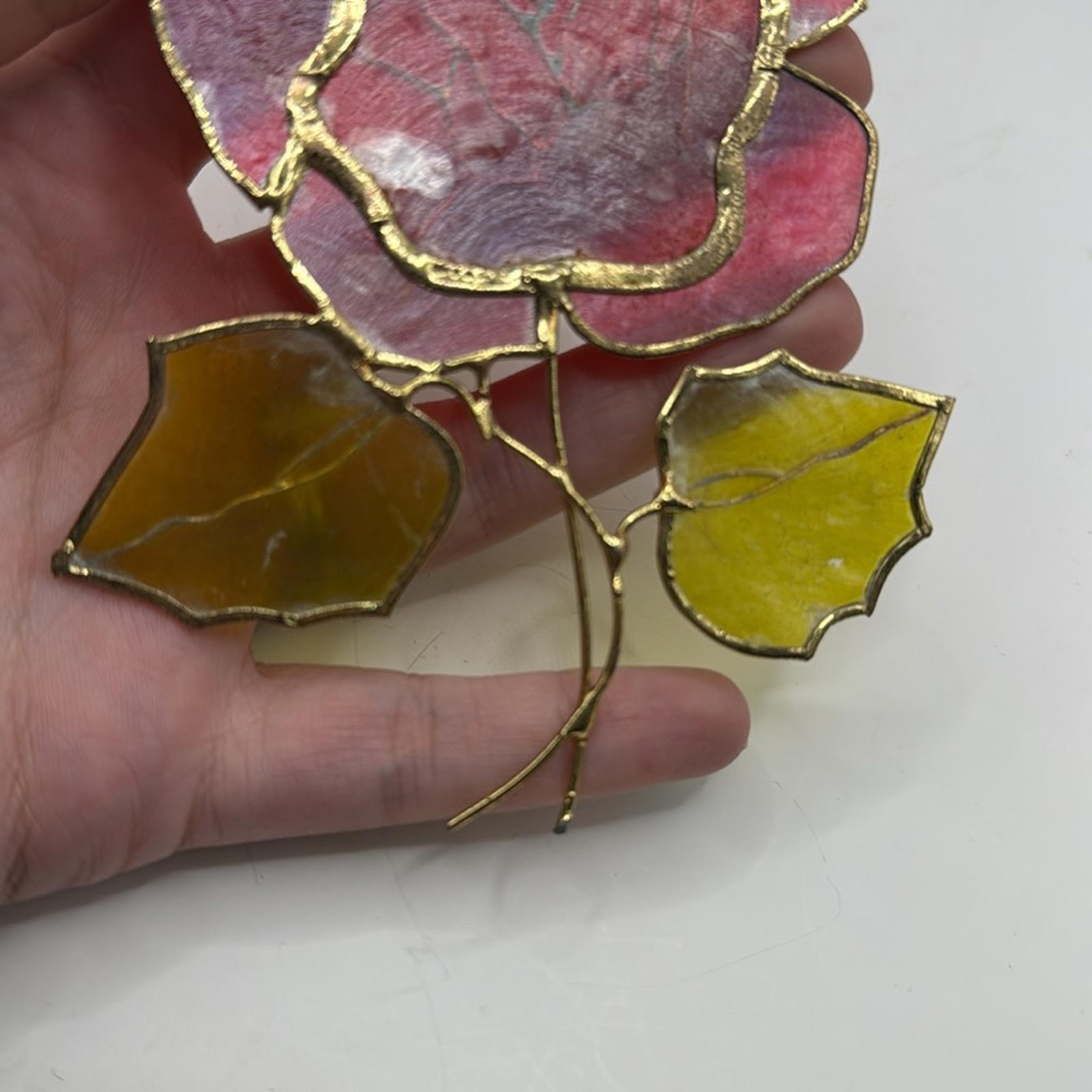 Vintage Faux Stained Glass Red Rose Flower Decor Collectible