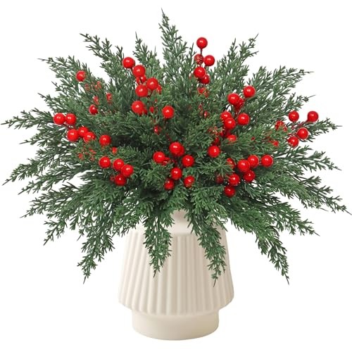 Christmas Artificial Pine Branches Pcs Faux Norfolk Pine Stems with Red 60