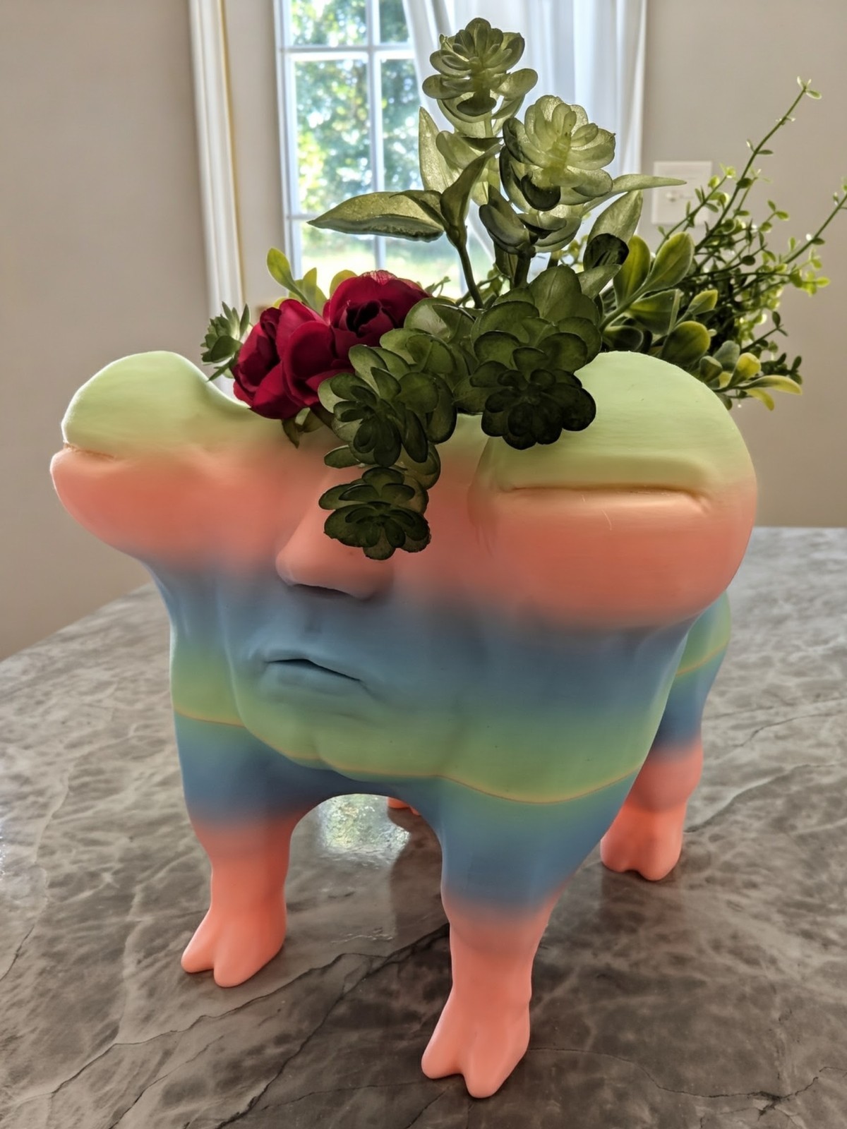 Whimsical Rainbow Dog Planter with Human Face