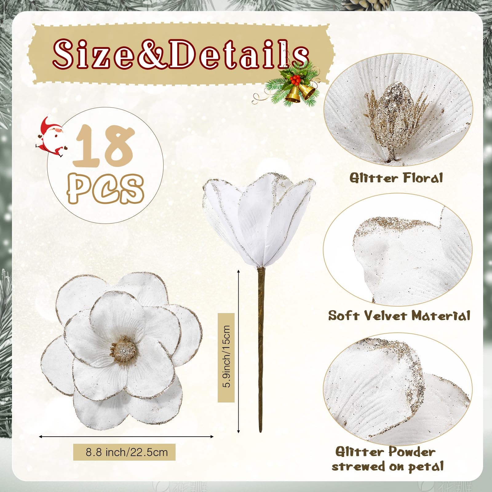 18 Pcs Large Velvet Christmas Poinsettia Magnolia Flowers White Artificial