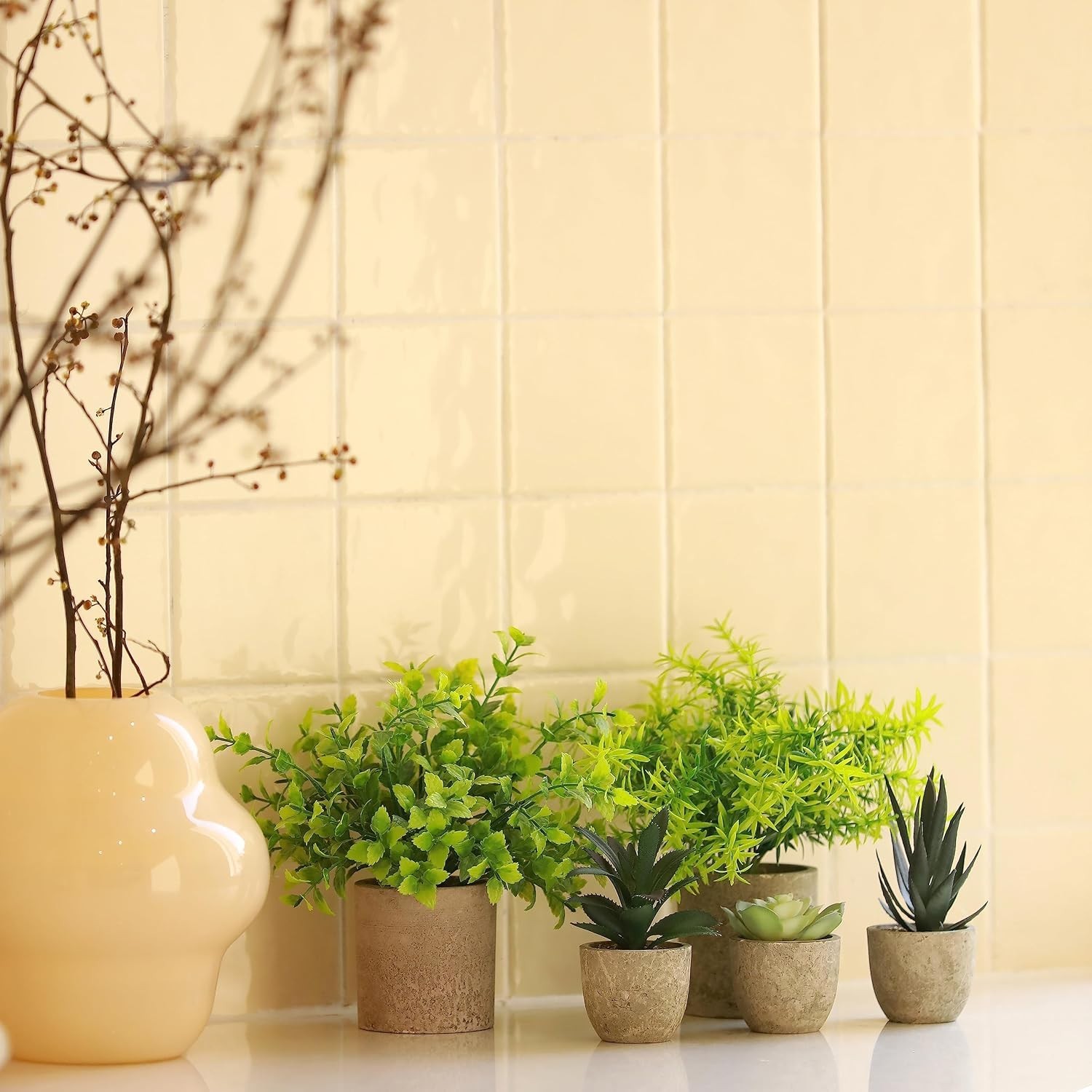 Memeaty Set of 5 Small Artificial Plants | Fake Rosemary Peppermint Succulents