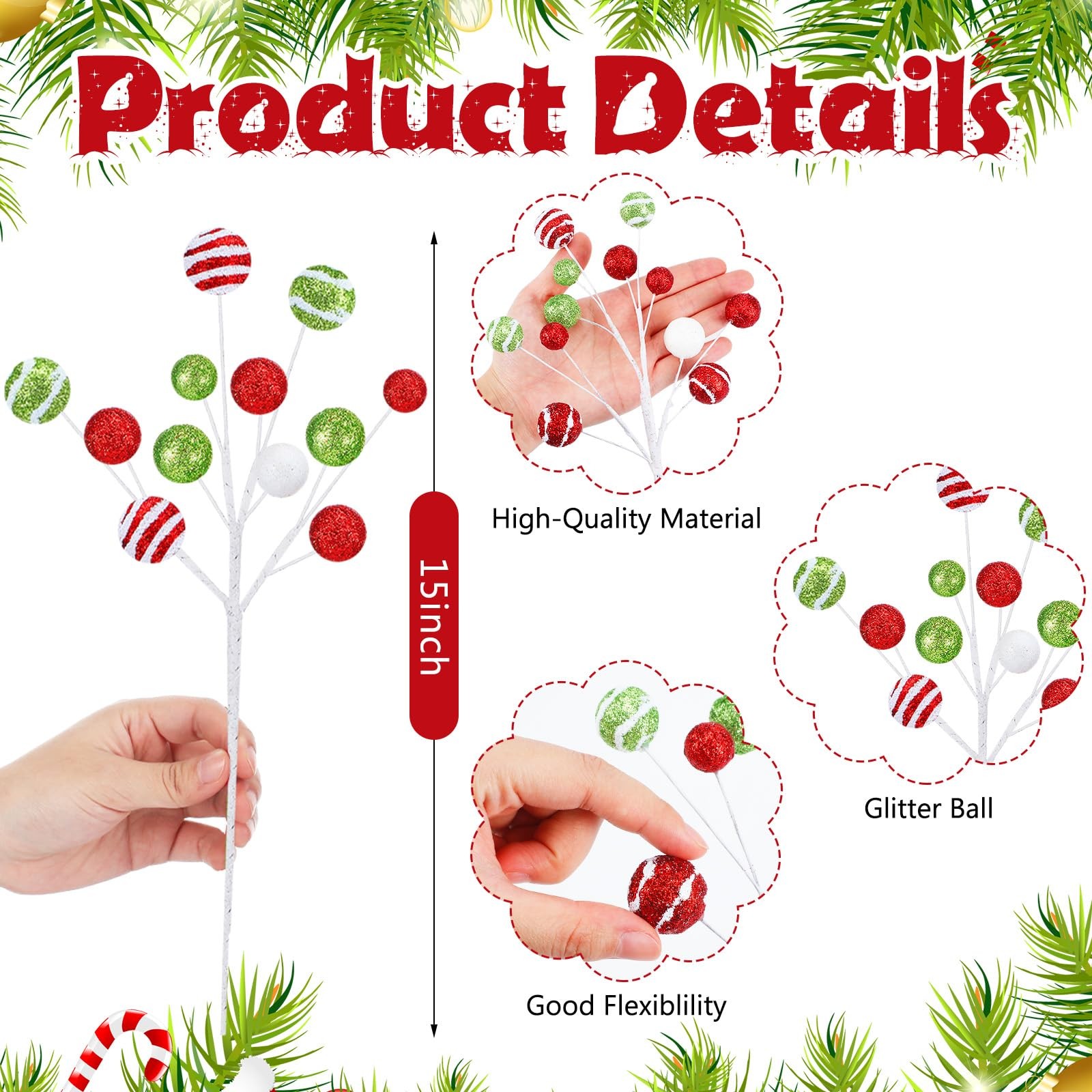 10 PCS 15 Inch Christmas Glitter Ball Picks Candy Tree Topper Striped