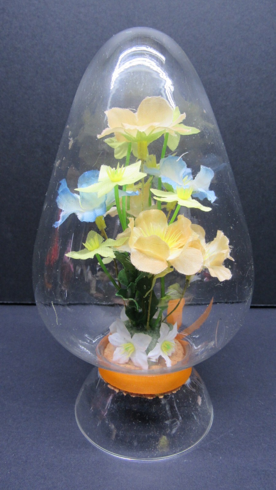Albert E Price Floral Egg Shaped Dome Cloche Dried + Silk Yellow Flowers 5-3/4″