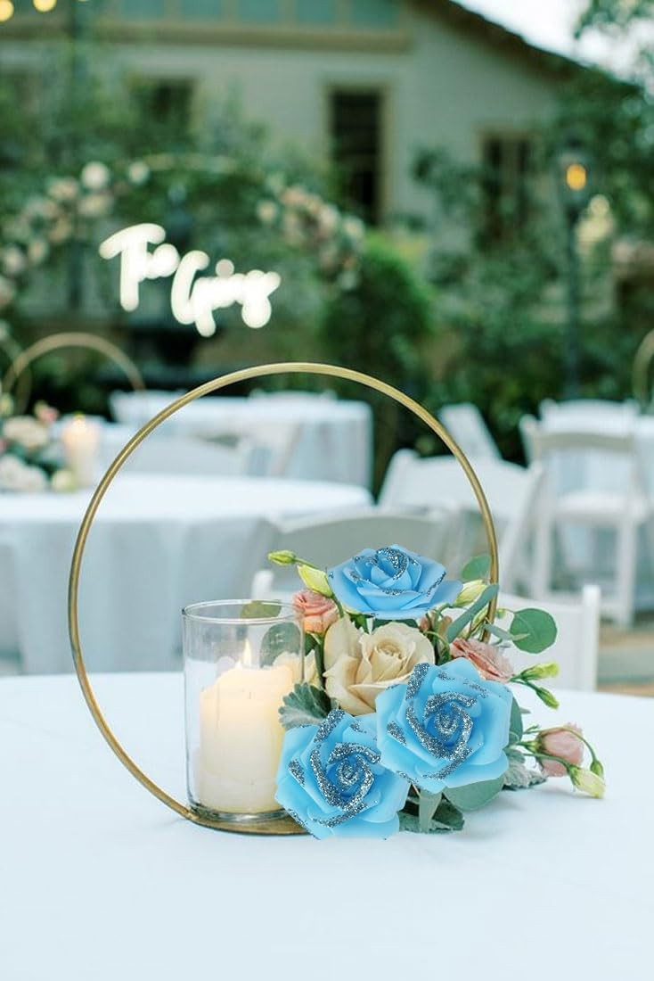 Light Blue Glitter Roses Foam Flowers Fake Rose Cake Centerpiece 100 PCS