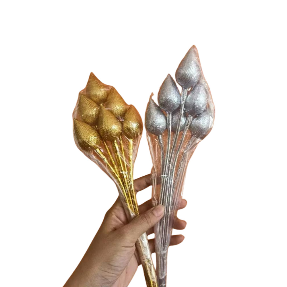 Pair Gold Silver Lotus Flower Thai Buddha Decor Plastic Artificial Floral Art