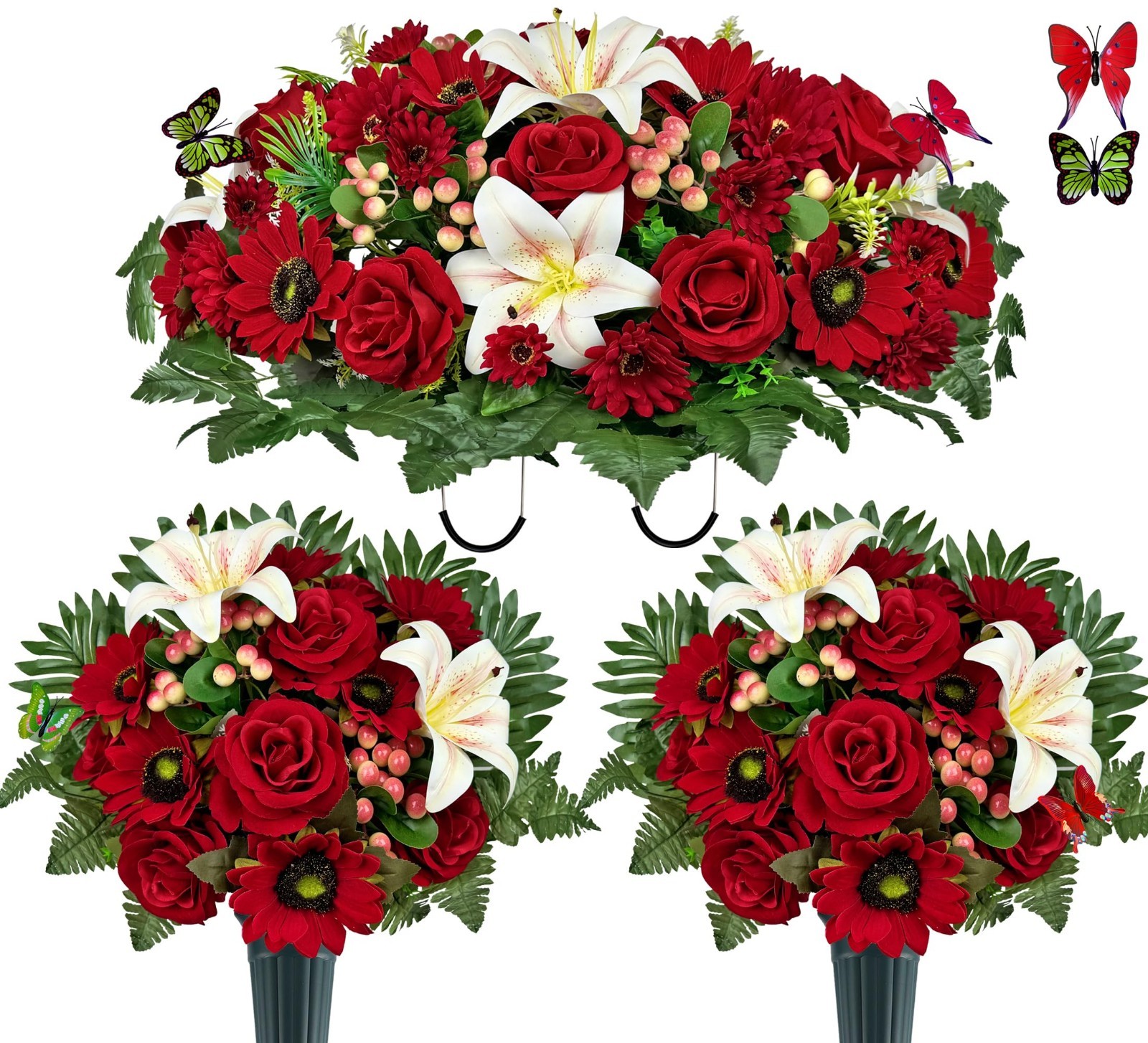 Artificial Cemetery Flower Bouquets – 3-Piece Headstone Saddle Set, Colorfast Ro