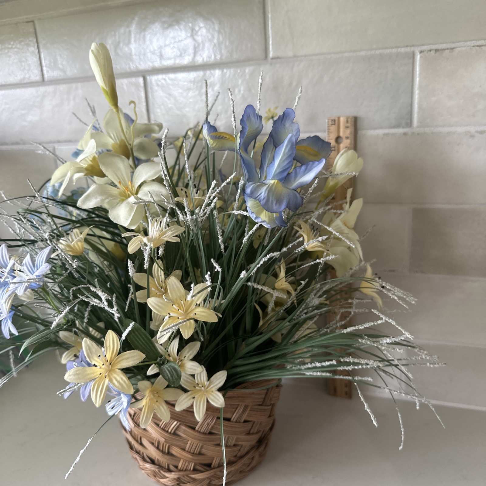 ARTIFICIAL FLORAL ARRANGEMENT Blue, White, Yellow, Green 12″ High
