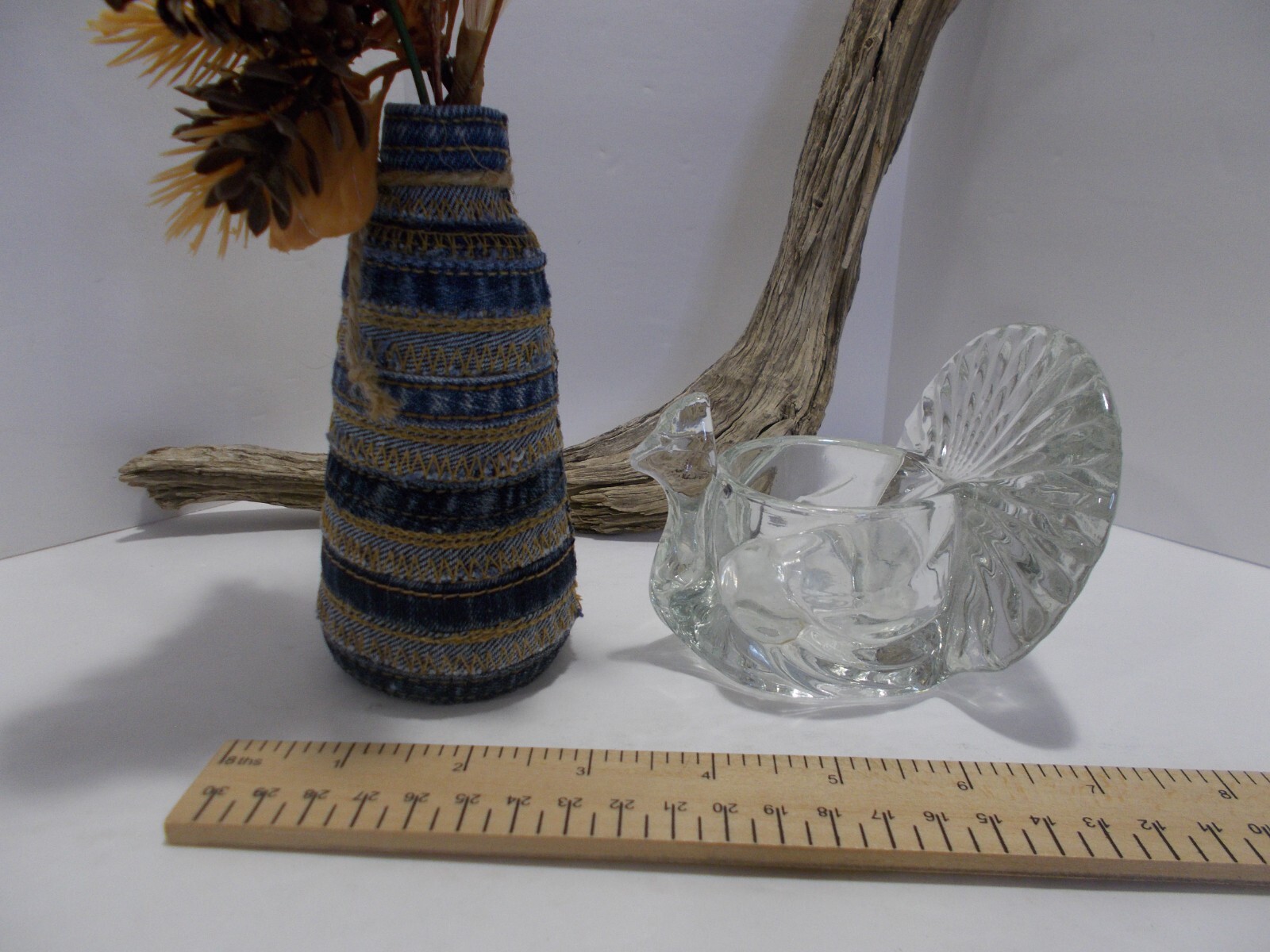 Recycled Denim Jeans Seams Vase w Denim Rose & Vtg. Glass Turkey Candle Holder