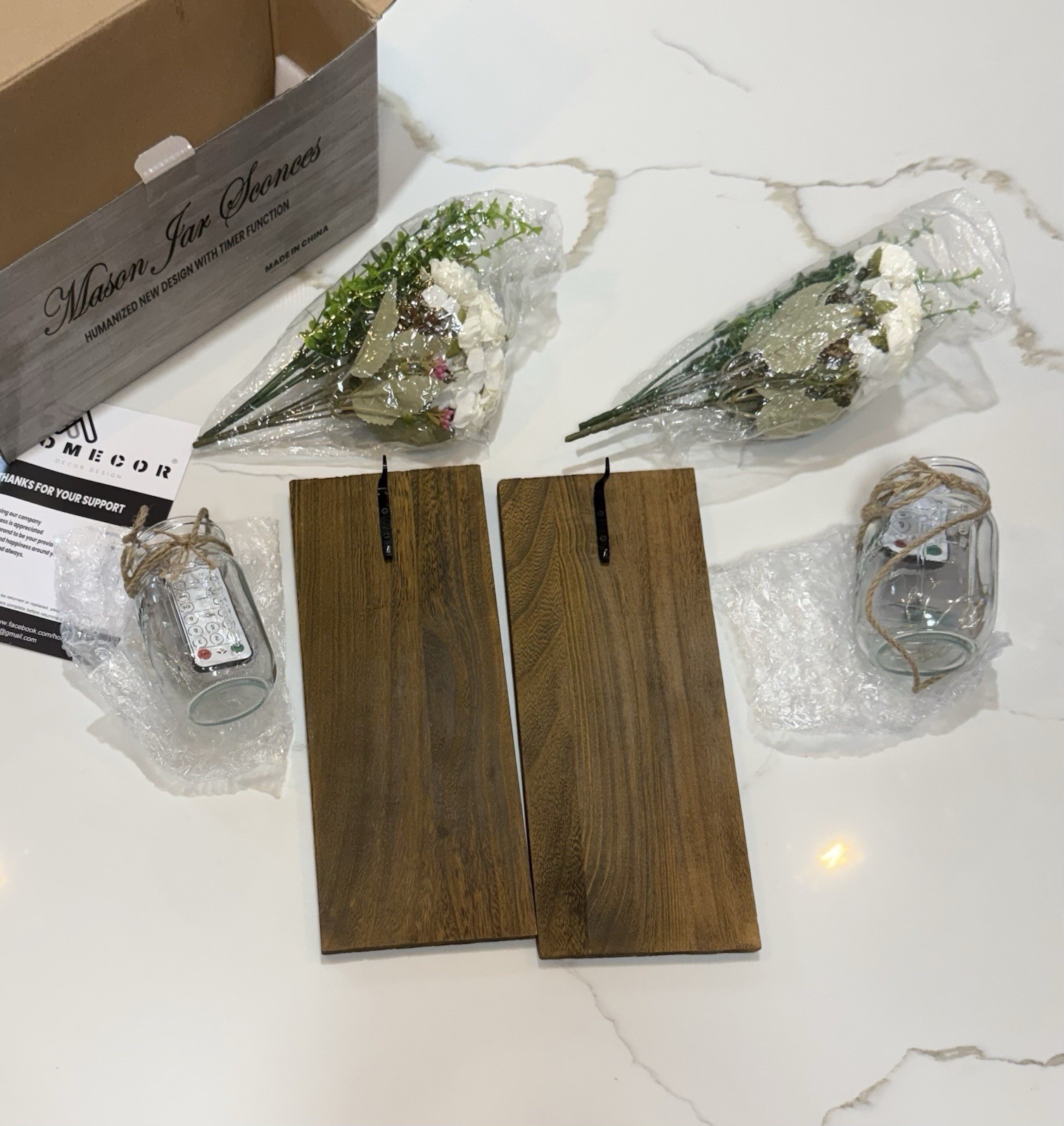 Rustic Mason Jar Wall Sconces with White Flowers Decorative Art Sconces NWT