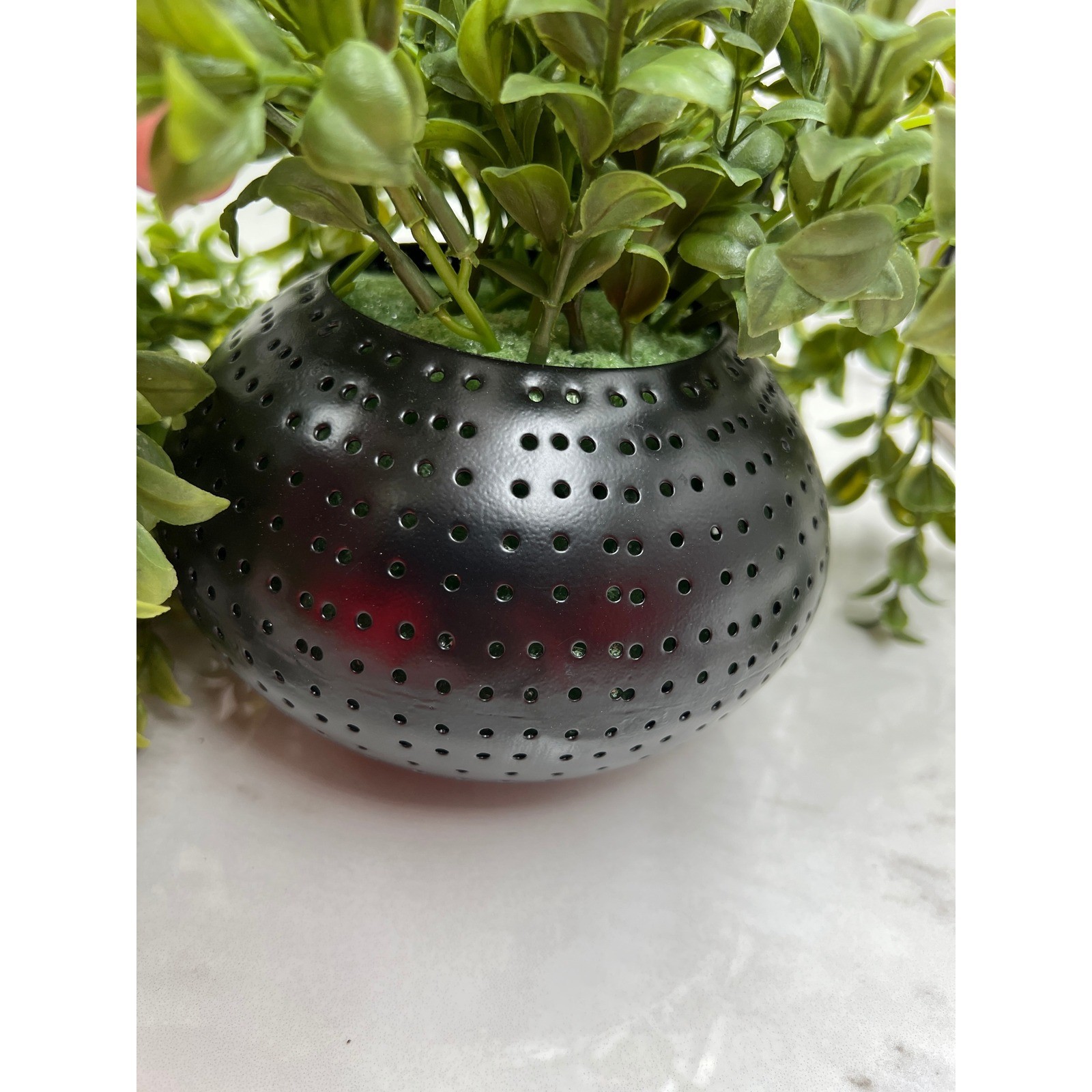 Artificial Trailing Greenery in Black Perforated Metal Globe Pots Set of 2
