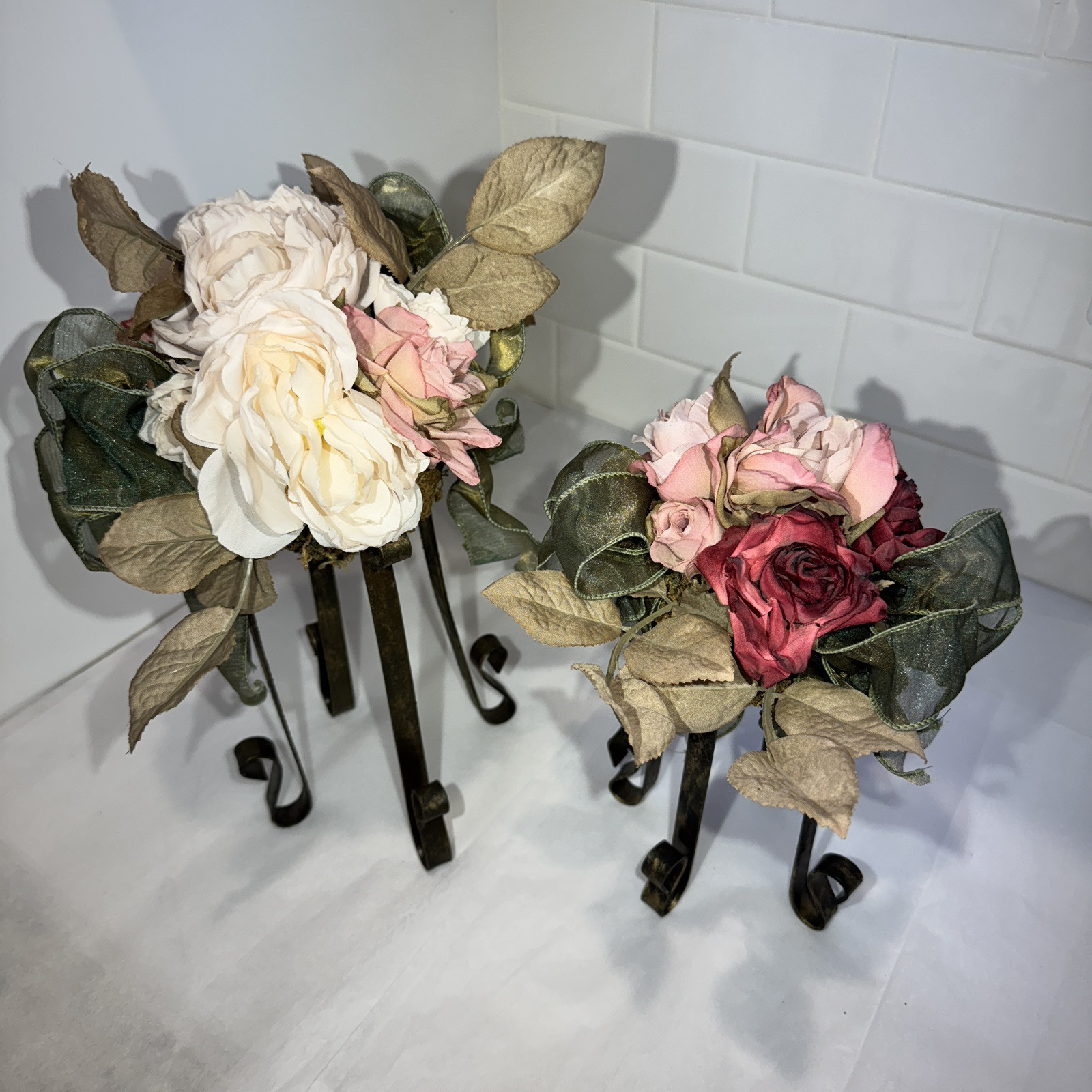 Artificial Pink/Dusty Rose/moss Flower FAUX Bouquet w Iron Legs Green Ribbon