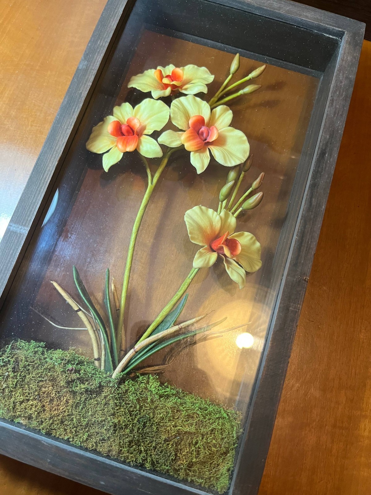 Vintage 3D Orchid Shadow Box Floral Wall/Table Decor 1980s Retro Frame