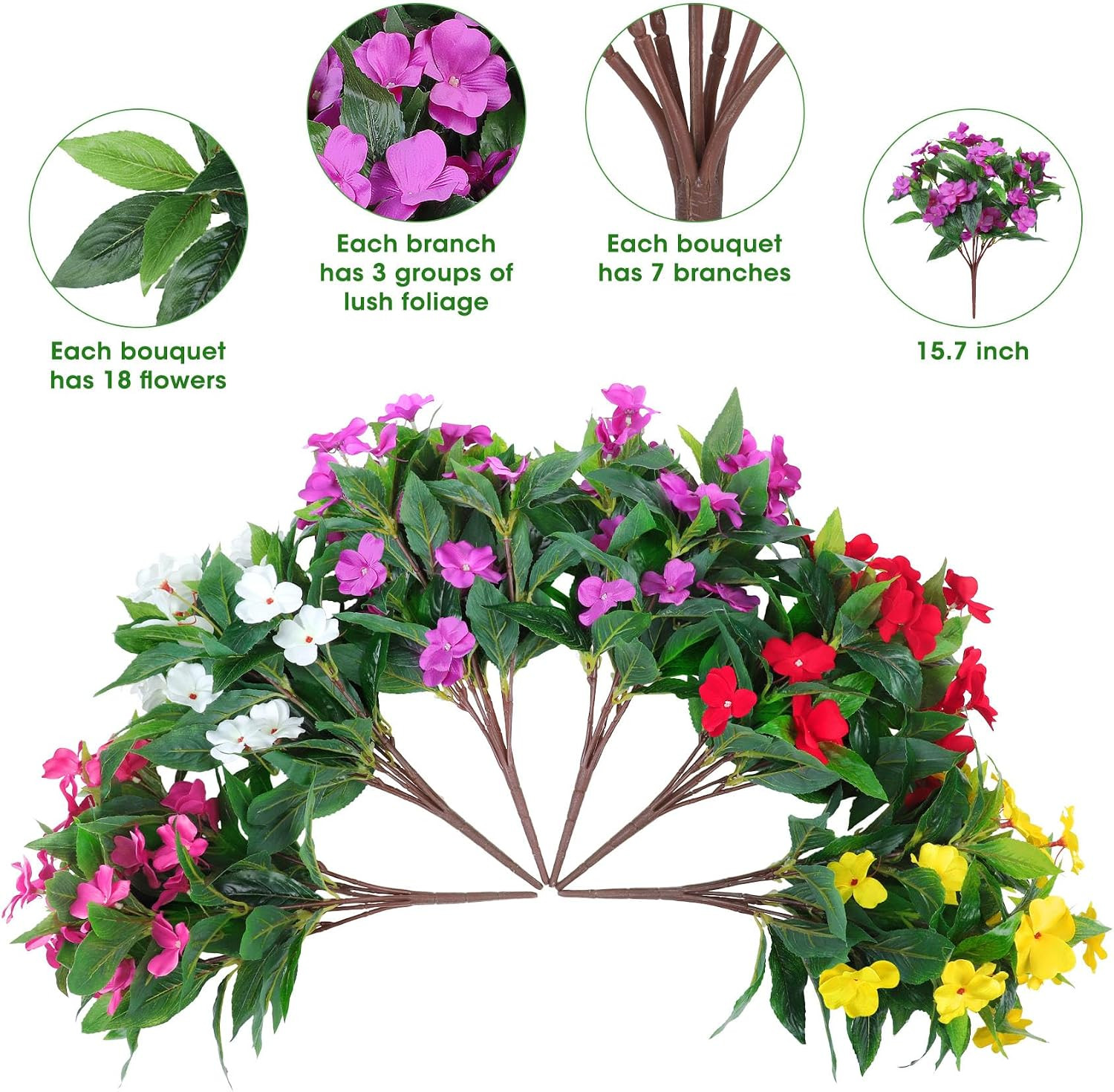 6 Bundles Artificial Impatiens Flowers for Outdoors, Multicolor | Realistic Silk