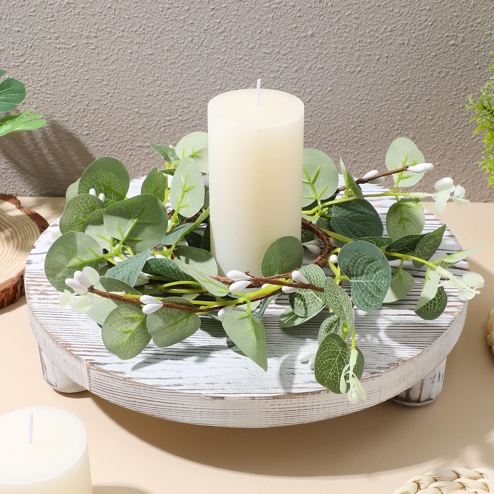 2 Pack Candle Rings Wreaths, Artificial Eucalyptus Leaves Candle Rings, Green Le
