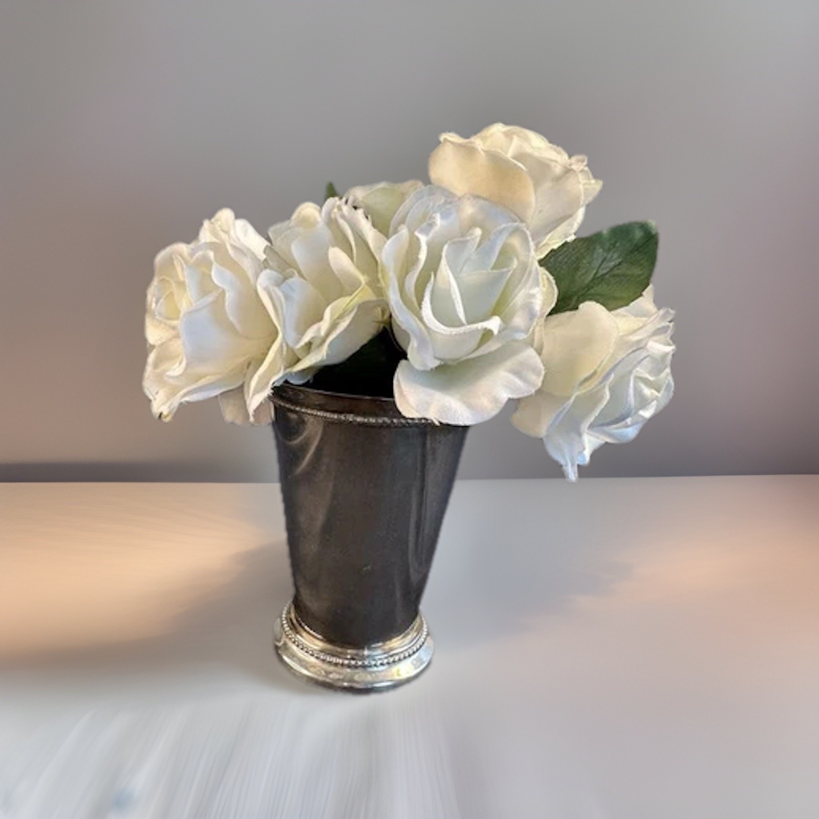 White Silk Flower Arrangement Rose Bouquet Sm Silver Tone Vase Table Centerpiece