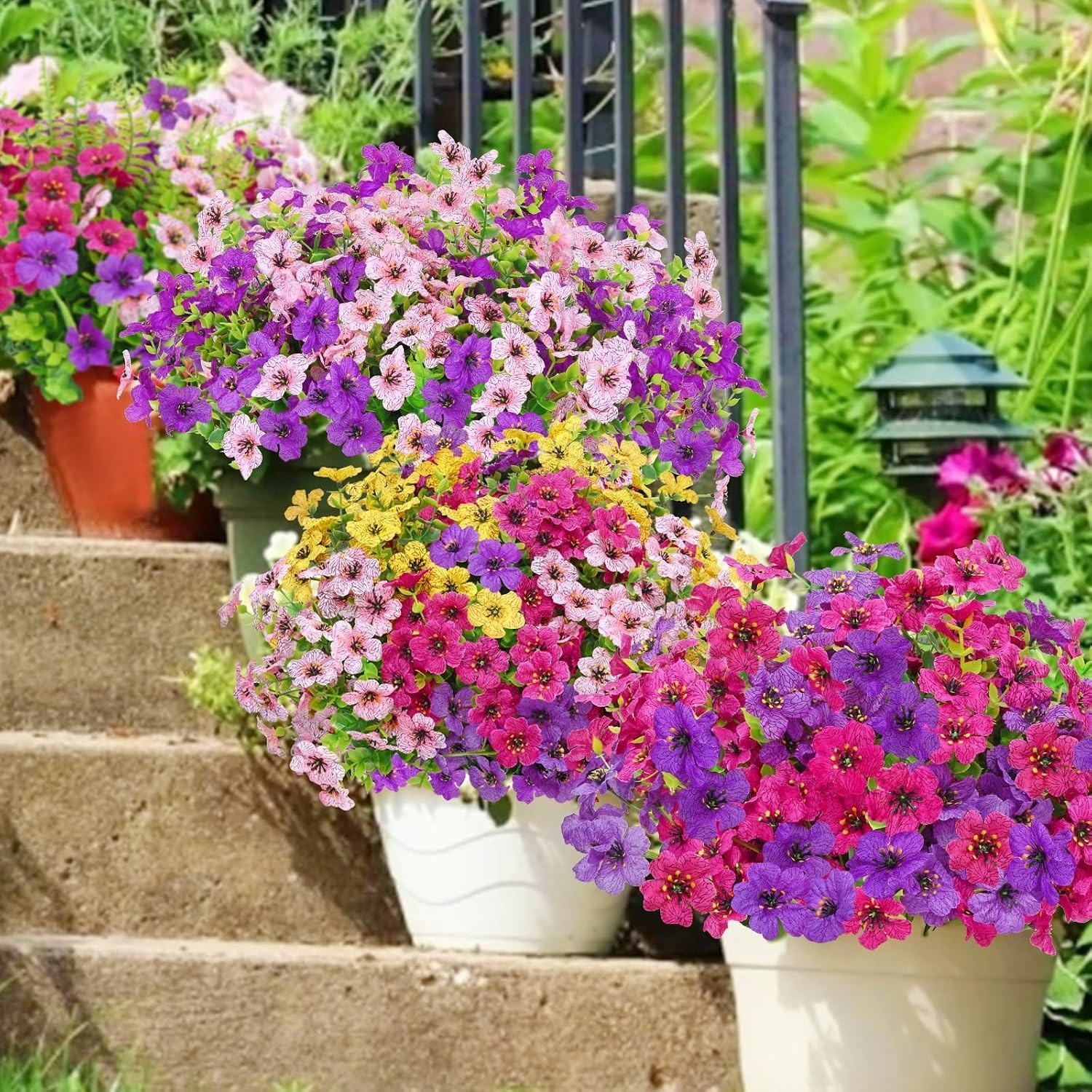 Vibrant 12 Bundles of Lifelike Fake Flowers for Outdoor Decor – Fuchsia/Rose Red